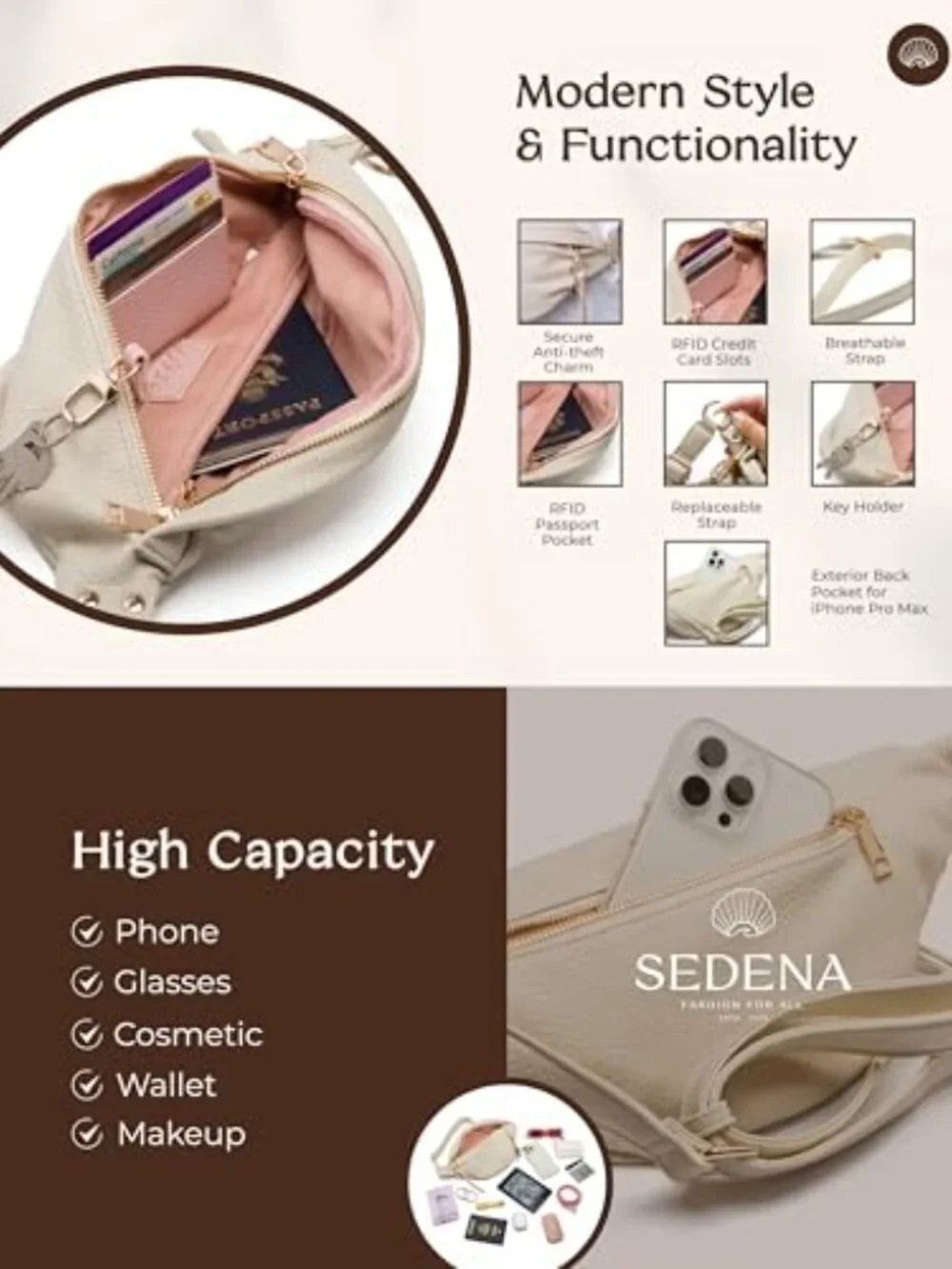 Anti Theft RFID Crossbody Bag with Adjustable Strap Multiple Compartments